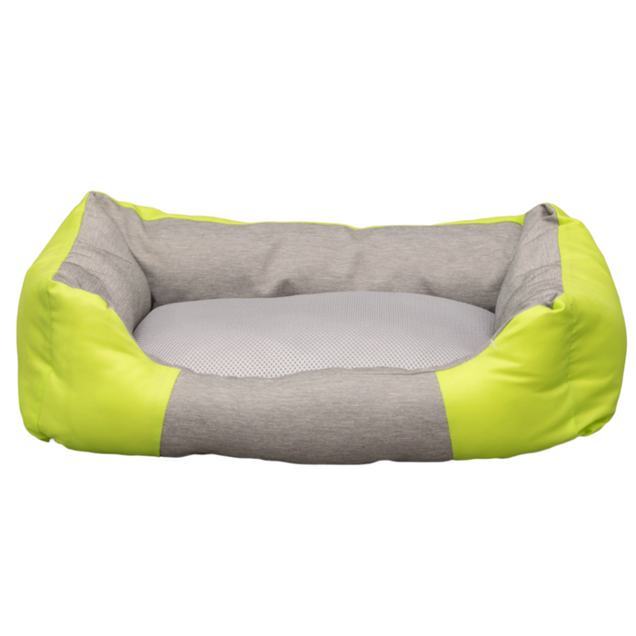 Pet bed with gray interior and lime green exterior on a white background