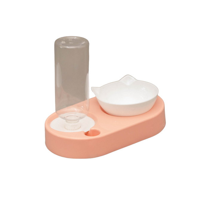 Pink and white pet water and food bowl set on a white background