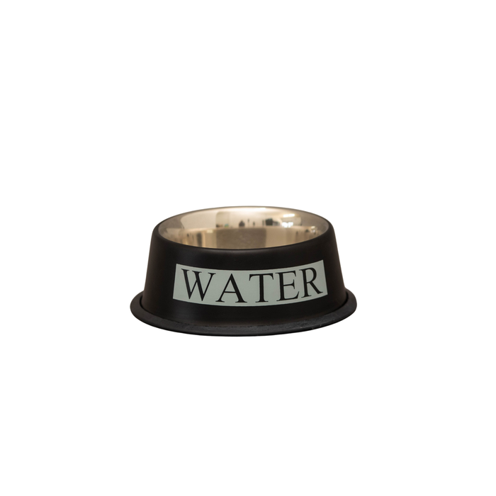 Black water bowl with 'WATER' label on a white background