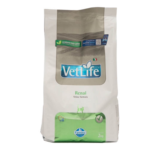 VetLife Renal feline formula pet food bag on a white background