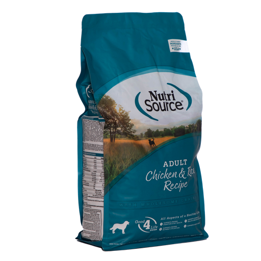 Nutri Source dog food package with a scenic design on a white background