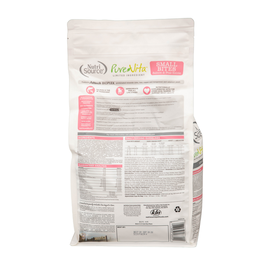 Dog food package with NutriSource and FiveVita branding on a white background