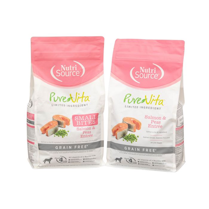 Two packages of NutriSource PureVita limited ingredient dog food on a white background