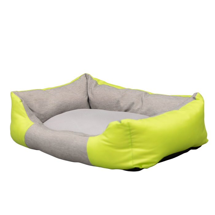 Gray and green pet bed on a white background