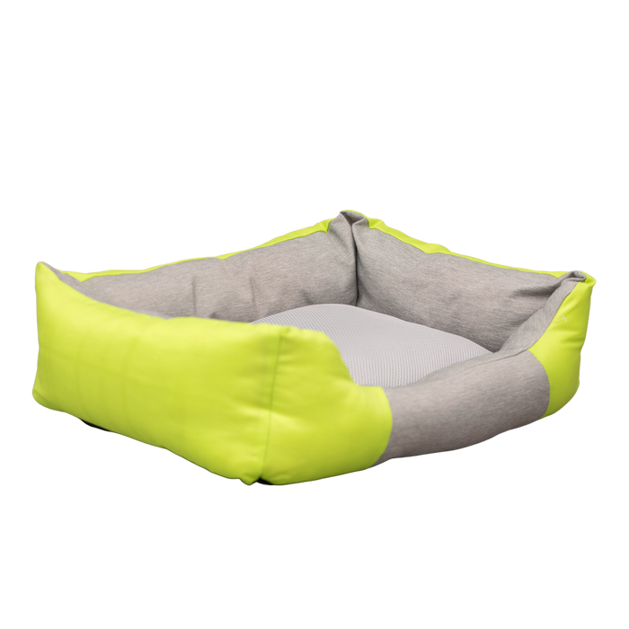 Pet bed with gray interior and lime green exterior on a white background