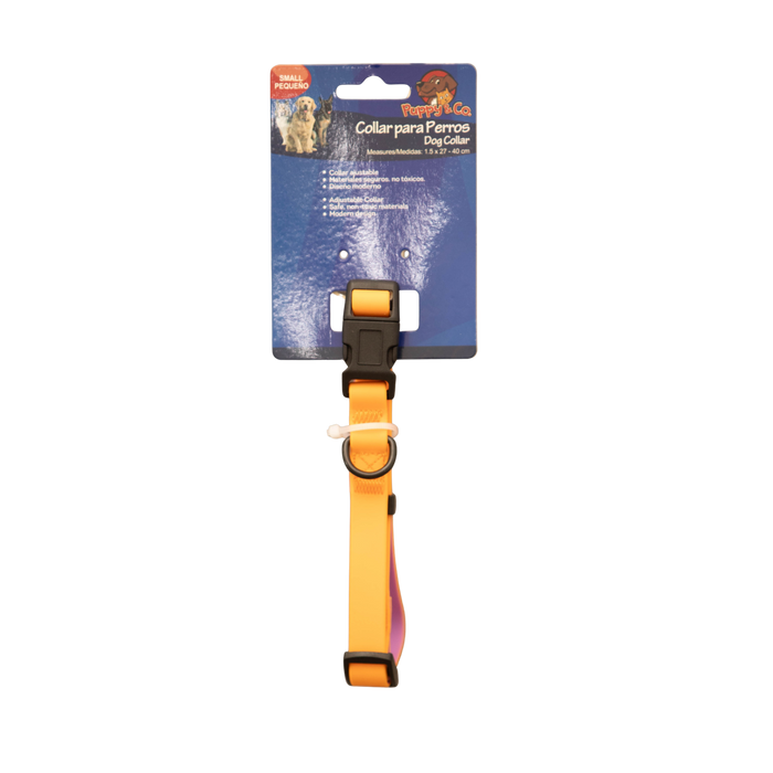 Orange dog collar with a blue packaging label on a white background