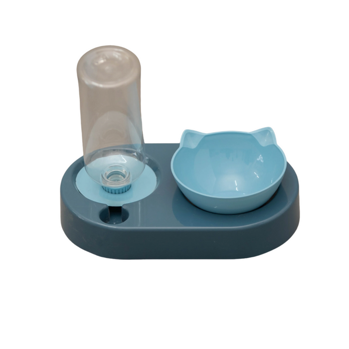 Pet feeding station with water bottle and bowl on a white background