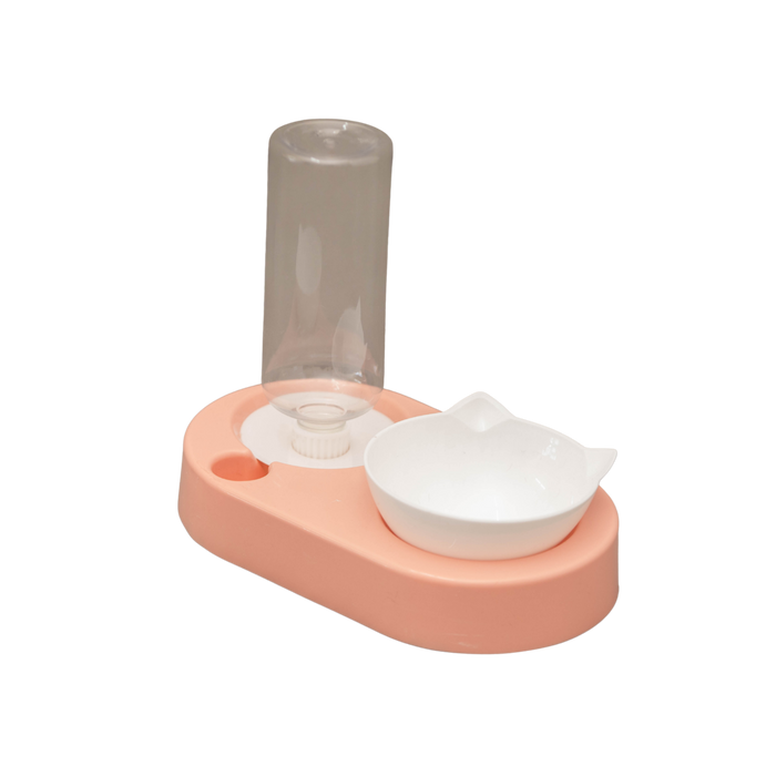 Pink and white pet water bottle with a transparent tube on a white background