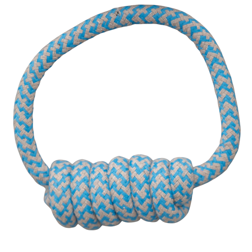 Blue and beige rope dog toy on a white background