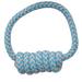 Blue and beige rope dog toy on a white background