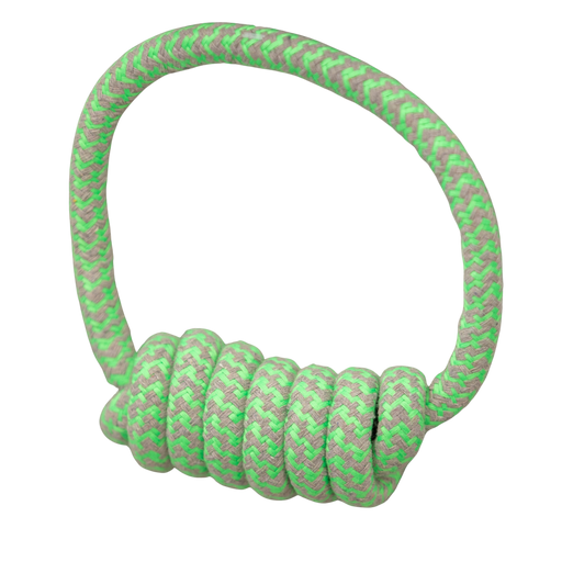 Green and gray braided dog toy on a white background