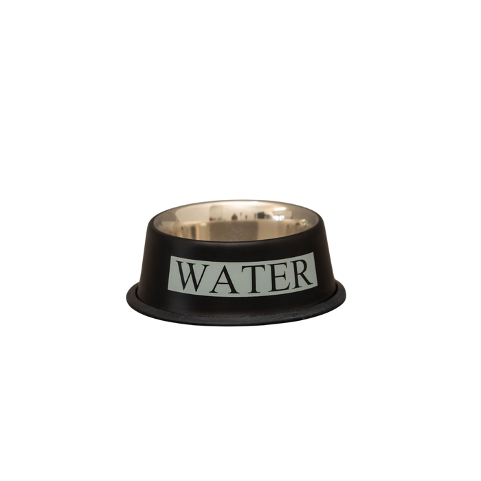 Black water bowl with 'WATER' label on a white background