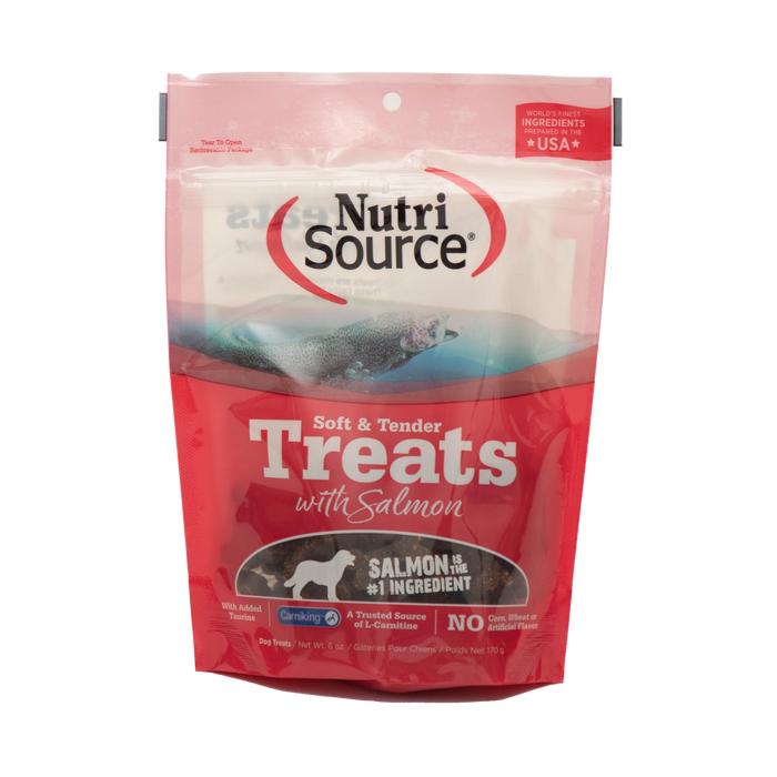 Nutri Source soft and tender treats with salmon packaging on a white background