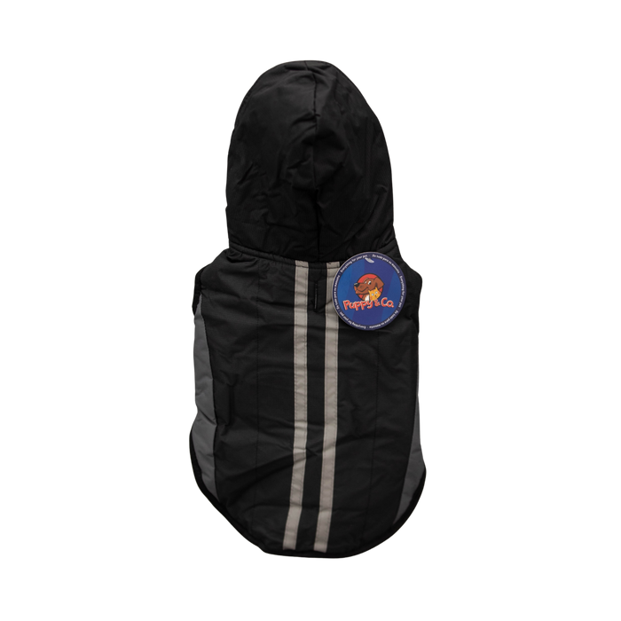 Black dog raincoat with reflective stripes and a brand logo on a white background