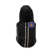 Black dog raincoat with reflective stripes and a brand logo on a white background
